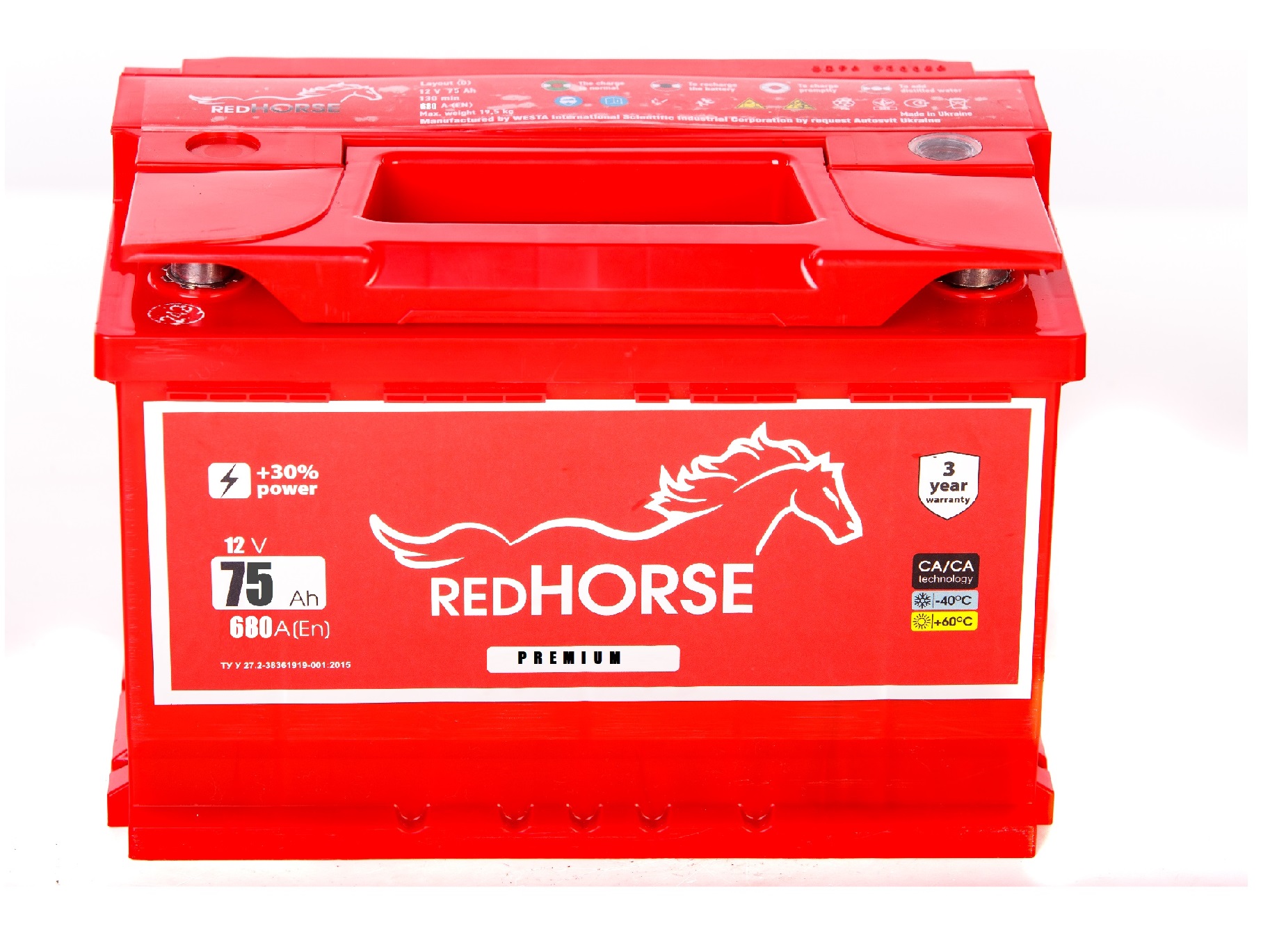 Акумулятор легковий Red Horse Premium 6СТ-75(0), 12B, 75Ah, 680A, плюс праворуч (R+) кальцієвий (Ca/Ca), 278x175x190мм (RHPREM075E0)